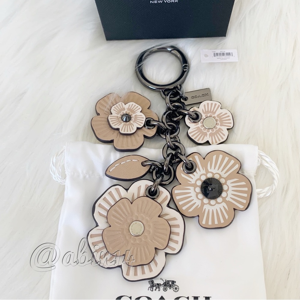 New with Gift Box Coach Floral Keychain Bag Charm in Tan and Cream